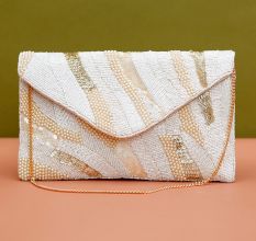Beautiful Soft White Cotton and Beads Women Hand Bag