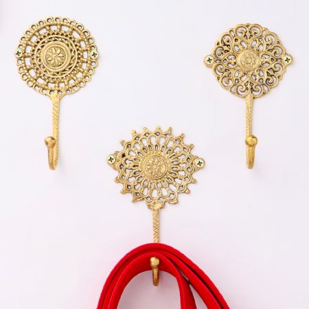 Brass Floral Pattern Pack of 3 Key Hooks for Wall