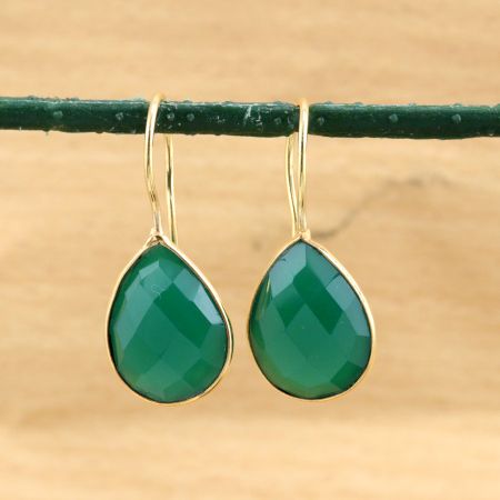 Brass 22k Gold Plated Dangle Earring with Green Onyx Gemstone