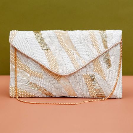 Beautiful Soft White Cotton and Beads Women Hand Bag