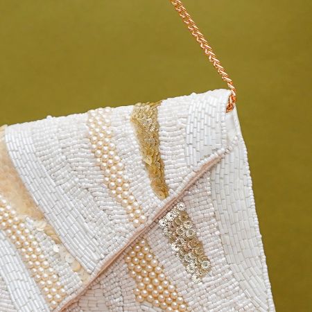 Beautiful Soft White Cotton and Beads Women Hand Bag