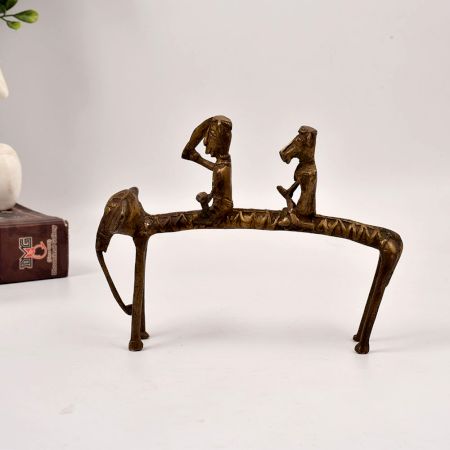 Handcrafted Vintage Brass Elephant Statue with Two Rider from Bastar