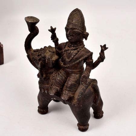 Vintage Brass Statue of God Indra Riding on Elephant for Decor
