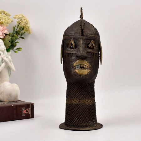 Vintage High-Quality Brass Tribal Head Statue in Bengali Art