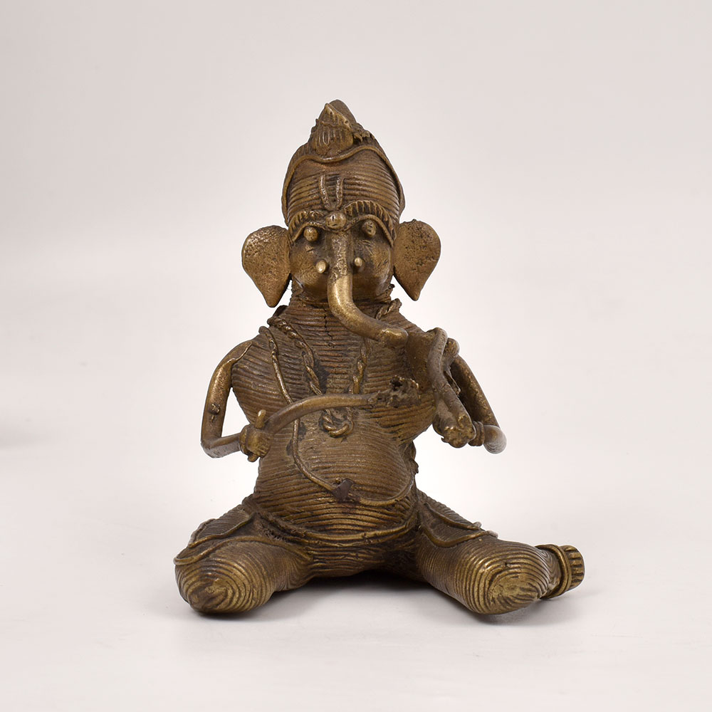 Tribal Vintage Brass Lord Ganesha Playing Sarangi Statue for Decor