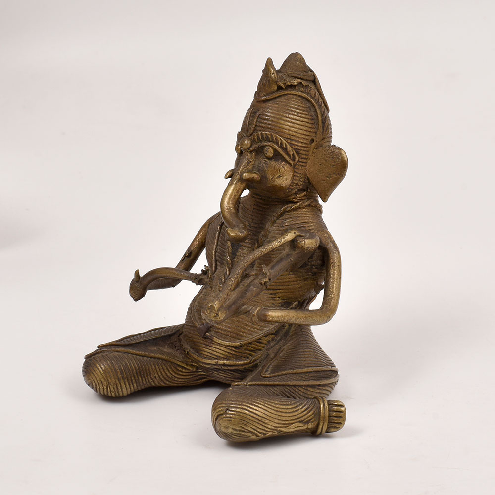 Tribal Vintage Brass Lord Ganesha Playing Sarangi Statue for Decor