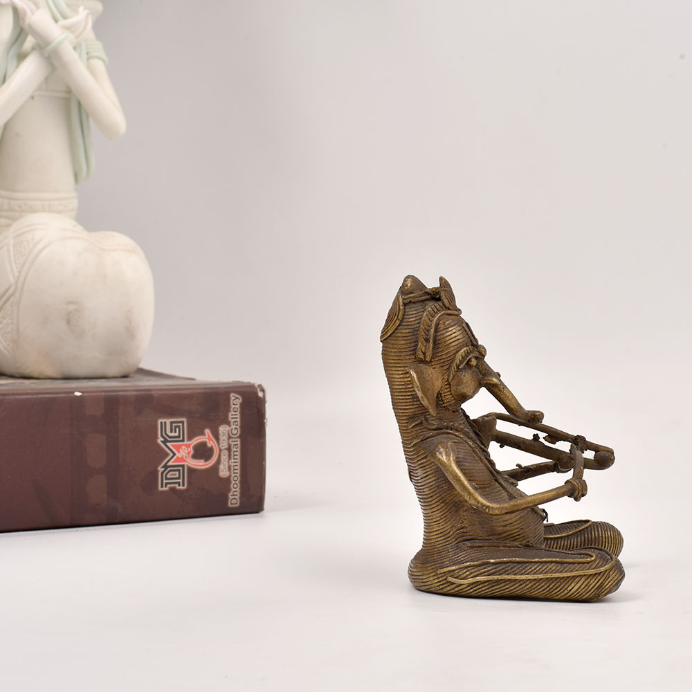 Tribal Vintage Brass Lord Ganesha Playing Sarangi Statue for Decor