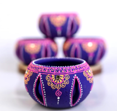 Handmade Washable Terracotta Jali Round Diya Tealight T-Light Candle Holder - Purple - Set of 4