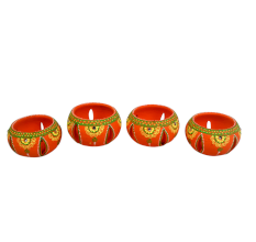 Terracotta Washable Jali Round Diya Tealight T-Light Candle Holder - Orange - Set of 4