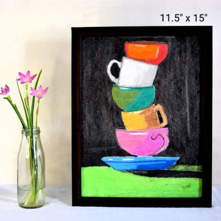 Balance Still Life with Stacked Cups in Oil Pastels on Paper by Artist Dimpana | 11.5 x 15 Inches