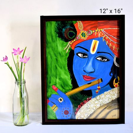Lord Krishna with Flute Poster Colour Painting on Paper by Artist Dimpana | 12 x 16 Inches