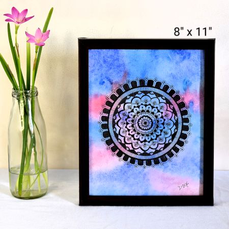 Mandala Bloom Pen Art with Watercolor Background by Artist Dimpana | 8 x 11 Inches