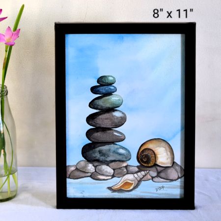 Balanced Pebbles Realistic Watercolor Painting on Paper by Artist Dimpana | 8 x 11 Inches