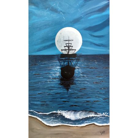 Ship on a Full Moon Day Acrylic Seascape Painting Art on Canvas Board by Artist Dimpana | 30 X 18 Inches