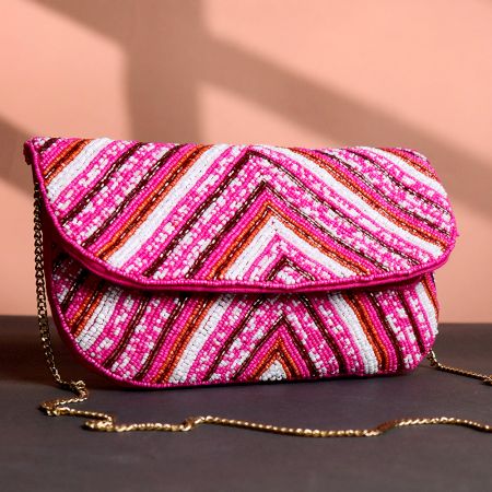 Pink Chevron Hand-Beaded Clutch Bag with Gold Chain Strap | Festive Party Sling