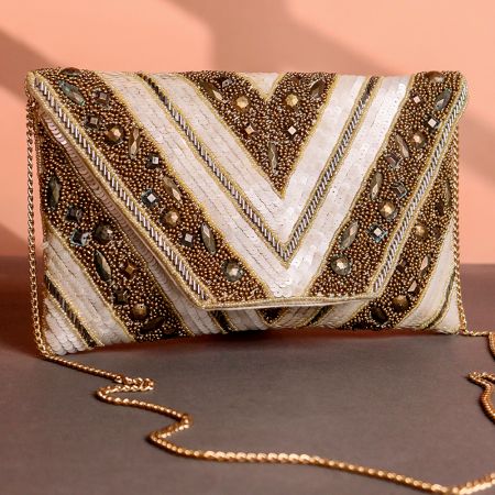 Golden Chevron Hand-Beaded Party Clutch with Embellished Details & Chain Strap | Evening Glam Sling Bag