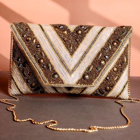 Golden Chevron Hand-Beaded Party Clutch with Embellished Details & Chain Strap | Evening Glam Sling Bag