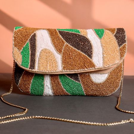 Earth Rhythm Abstract Beaded Clutch with Gold Chain Strap | Green, Brown & White Party Sling Bag