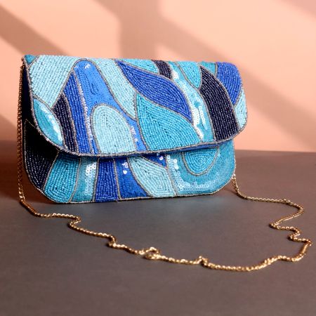 Ocean Wave Hand-Beaded Clutch Bag with Gold Chain Strap | Shades of Blue Party Sling