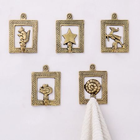 Golden Brass Framed Design Single Wall Hooks- Pack of 5