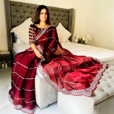 Maroon Bridal Organza Silk Saree with Zari Work