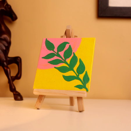 Bold Green Leaf Art on Yellow Pink Canvas