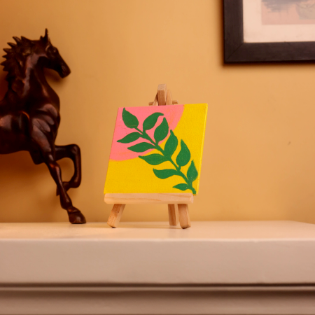 Bold Green Leaf Art on Yellow Pink Canvas