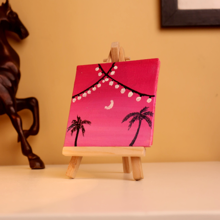 Mini Palm Tree Canvas with Pink Sunset Lights
