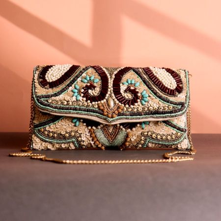 Boho Luxe Multicolor Hand-Beaded Clutch Maroon, Mint & Natural Tones with Tribal Motifs