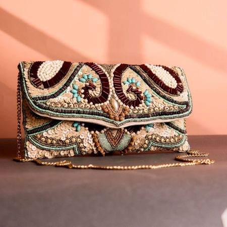 Boho Luxe Multicolor Hand-Beaded Clutch Maroon, Mint & Natural Tones with Tribal Motifs