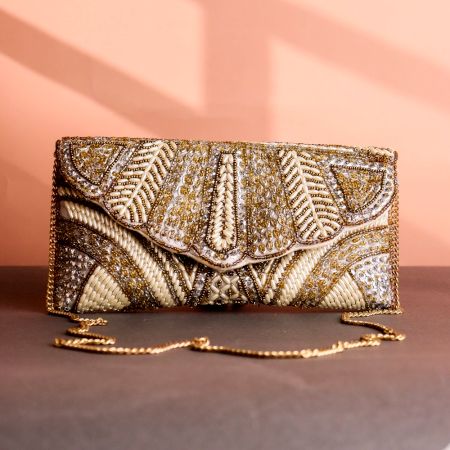 Crystal Vine Hand-Beaded Clutch Gold, Ivory & Silver Art Deco Leaf Design