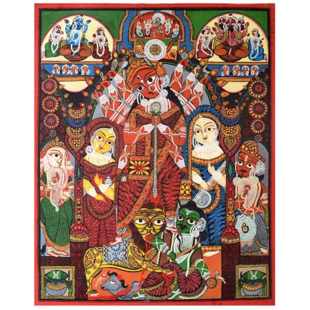 Handmade Bengal Pattachitra Natural Colors Painting of Goddess Durga on Cloth by Artist Sahajan Chitrakar