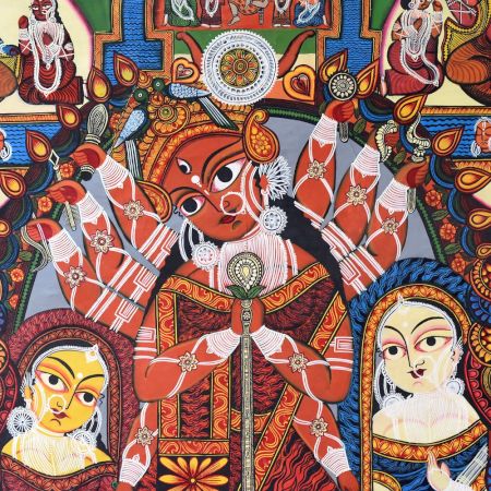 Handmade Bengal Pattachitra Natural Colors Painting of Goddess Durga on Cloth by Artist Sahajan Chitrakar