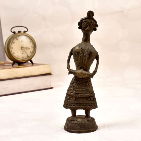 Vintage Brass Statue of Lady Figure Playing Drum in Dhokra Art