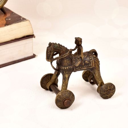 Handmade Vintage Brass Statue of Horse with Rider on Wheels