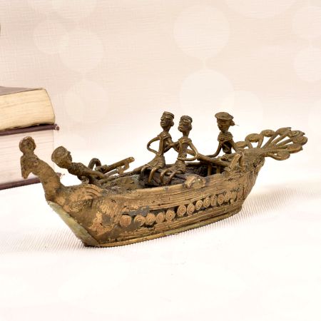 Bengali Art Handmade Brass Peacock Boat for Decoration