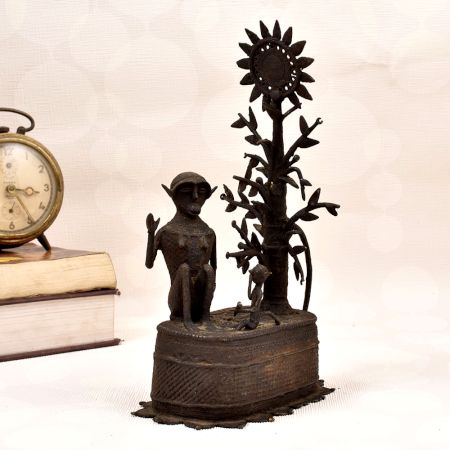 Vintage Brass Statue of Two Monkey Sitting Under Tree for Decor