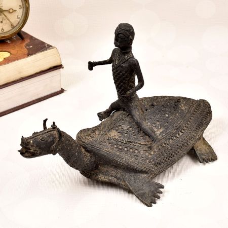 Handcrafted Vintage Folk Brass Turtle Statue with Rider for Decor