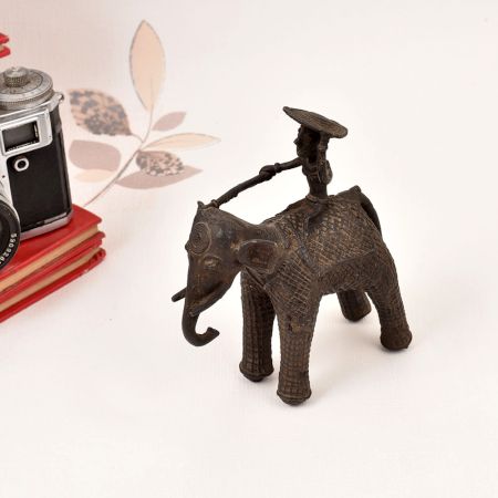 Tribal Art Handcrafted Brass Elephant with Rider in Vintage Finish