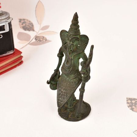 Finest Tribal Brass Lord Ganesha Statue with Trident and Kamandal