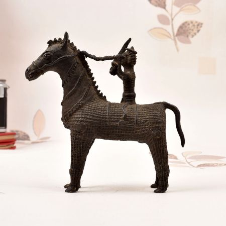Gond Art Brass Statue of Horse with Rider in Vintage Finish