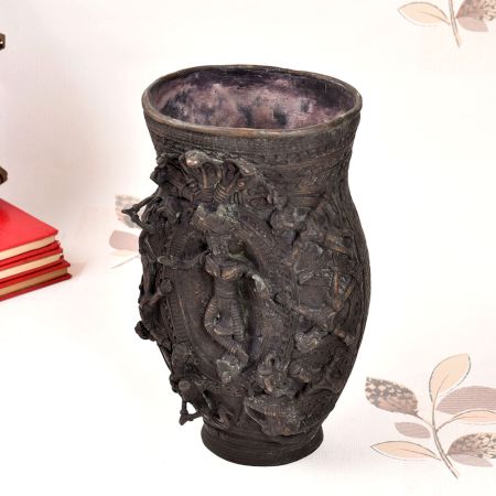 Tribal Art Brass Flower Pot with Engraving in Dark Finish