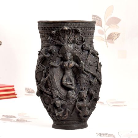 Tribal Art Brass Flower Pot with Engraving in Dark Finish