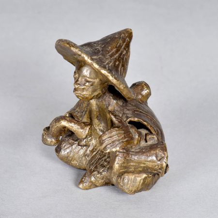 Brass Chinese Man Statue Playing Drum in Tribal Art for Decor