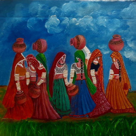 Traditional Rajasthani Women Village Scene Acrylic on Canvas by Artist Gayatri Sharma | 22 x 20 inches