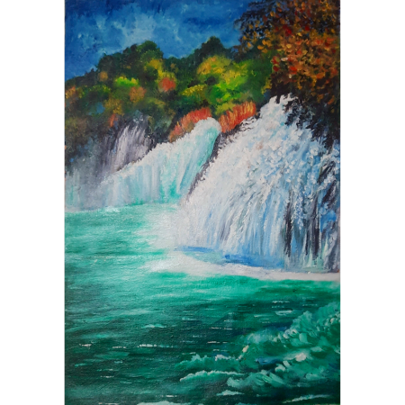 Twin Waterfalls in Autumn Forest Acrylic on Canvas by Artist Gayatri Sharma | 25 x 17 inches