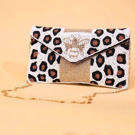 Hand-Beaded Bee Motif Clutch with Leopard Pattern & Gold Chain Strap
