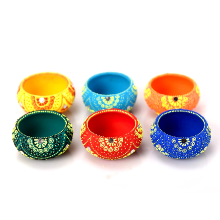Washable Terracotta Round Diya T-Light Holder Set of 6