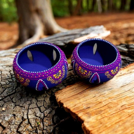 Handmade Washable Terracotta Jali Round Diya Tealight T-Light Candle Holder - Purple - Set of 4