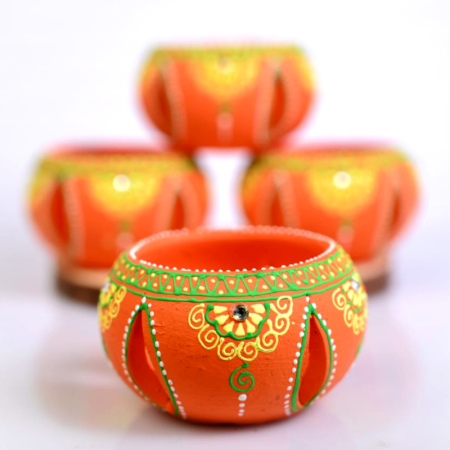 Terracotta Washable Jali Round Diya Tealight T-Light Candle Holder - Orange - Set of 4